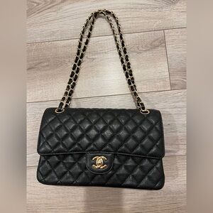 Black Caviar Leather Quilted Classic Flap Medium Shoulder Bag with Gold Accents